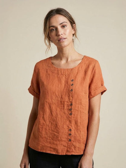 Women's Linen-Look Scoop-Neck Top with Rolled Sleeves