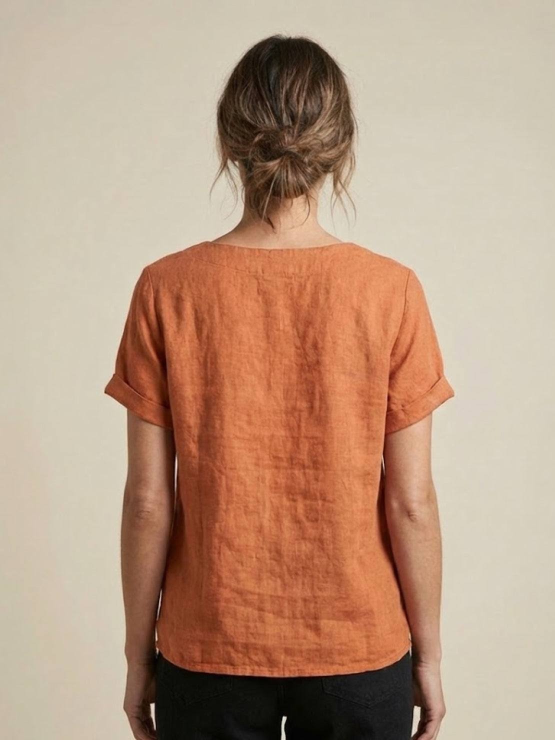 Women's Linen-Look Scoop-Neck Top with Rolled Sleeves