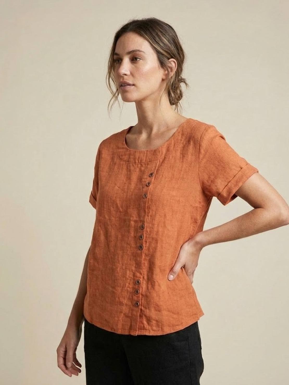 Women's Linen-Look Scoop-Neck Top with Rolled Sleeves