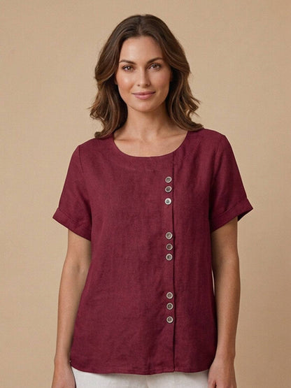 Women's Linen-Look Scoop-Neck Top with Rolled Sleeves