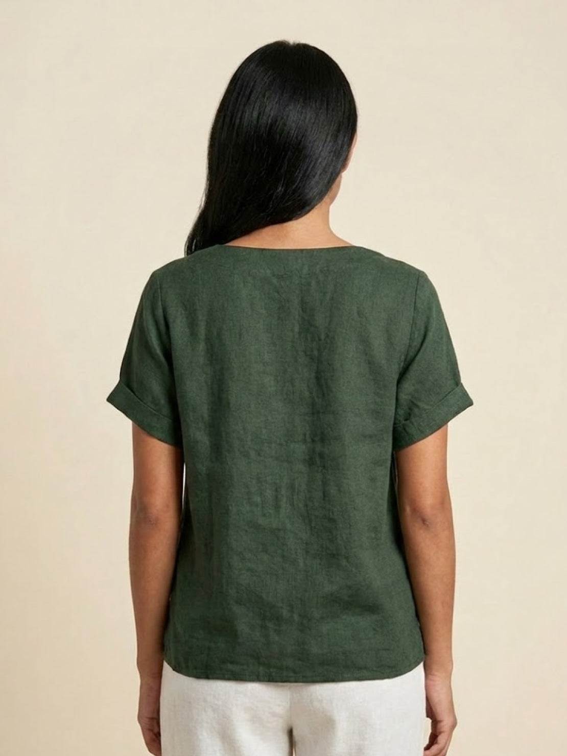 Women's Linen-Look Scoop-Neck Top with Rolled Sleeves