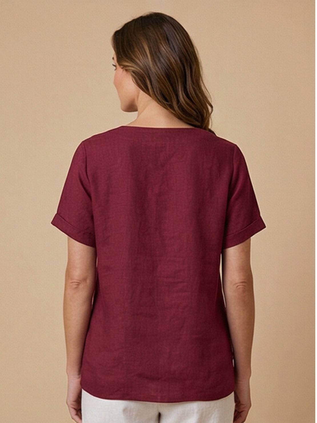 Women's Linen-Look Scoop-Neck Top with Rolled Sleeves