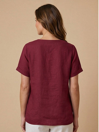 Women's Linen-Look Scoop-Neck Top with Rolled Sleeves
