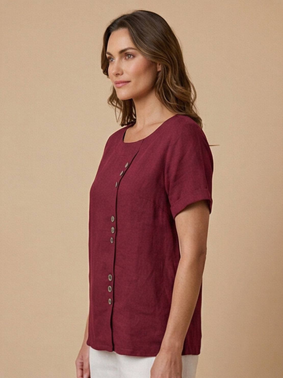 Women's Linen-Look Scoop-Neck Top with Rolled Sleeves