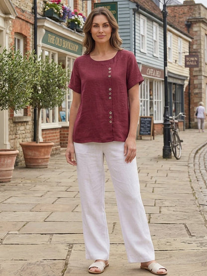 Women's Linen-Look Scoop-Neck Top with Rolled Sleeves