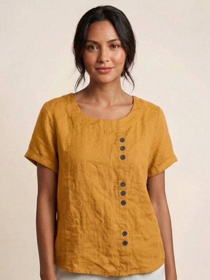 Women's Linen-Look Scoop-Neck Top with Rolled Sleeves
