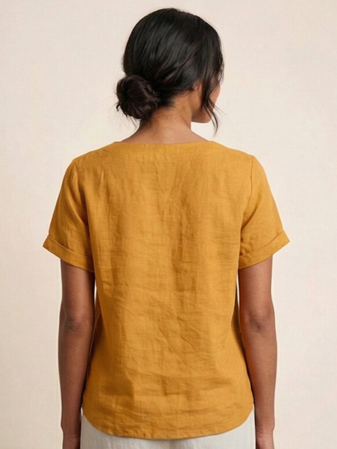 Women's Linen-Look Scoop-Neck Top with Rolled Sleeves