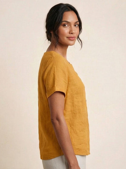 Women's Linen-Look Scoop-Neck Top with Rolled Sleeves