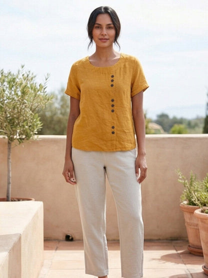 Women's Linen-Look Scoop-Neck Top with Rolled Sleeves