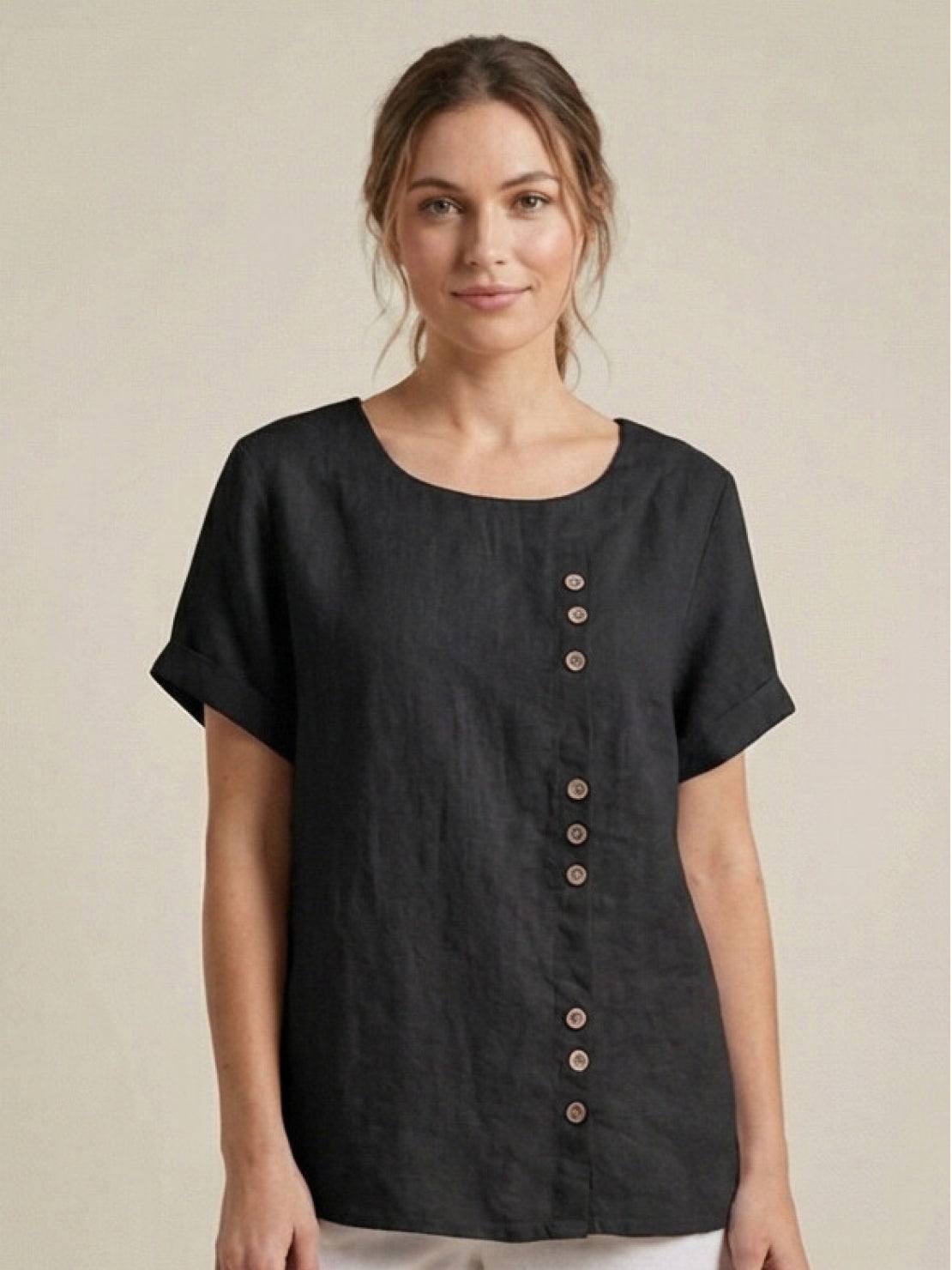 Women's Linen-Look Scoop-Neck Top with Rolled Sleeves