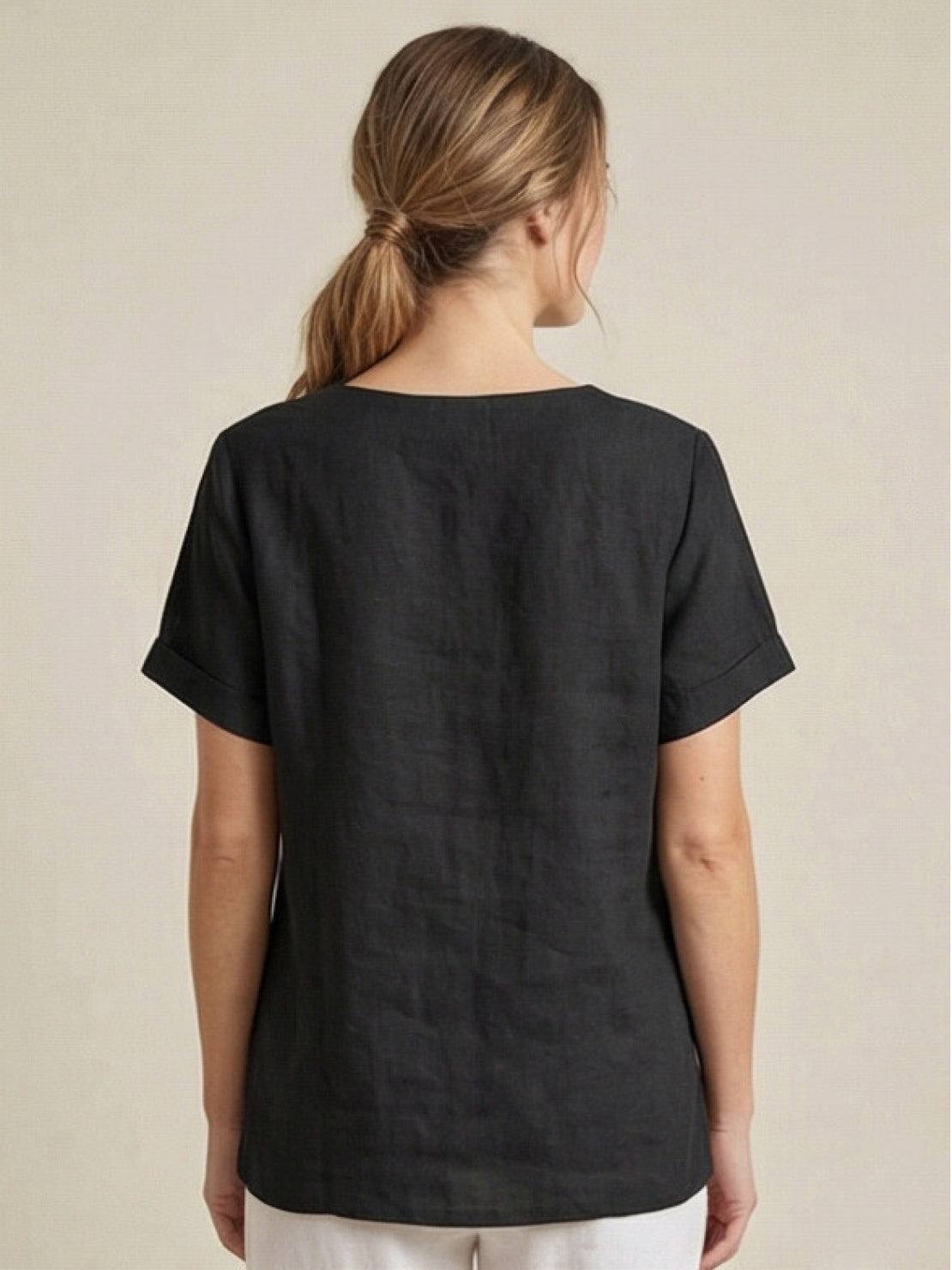 Women's Linen-Look Scoop-Neck Top with Rolled Sleeves