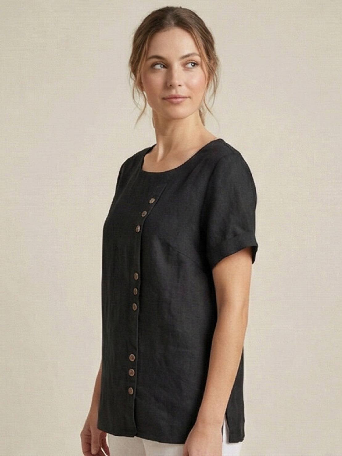 Women's Linen-Look Scoop-Neck Top with Rolled Sleeves