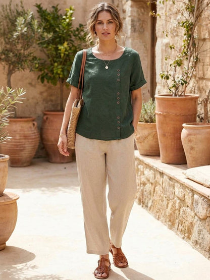 Women's Linen-Look Scoop-Neck Top with Rolled Sleeves
