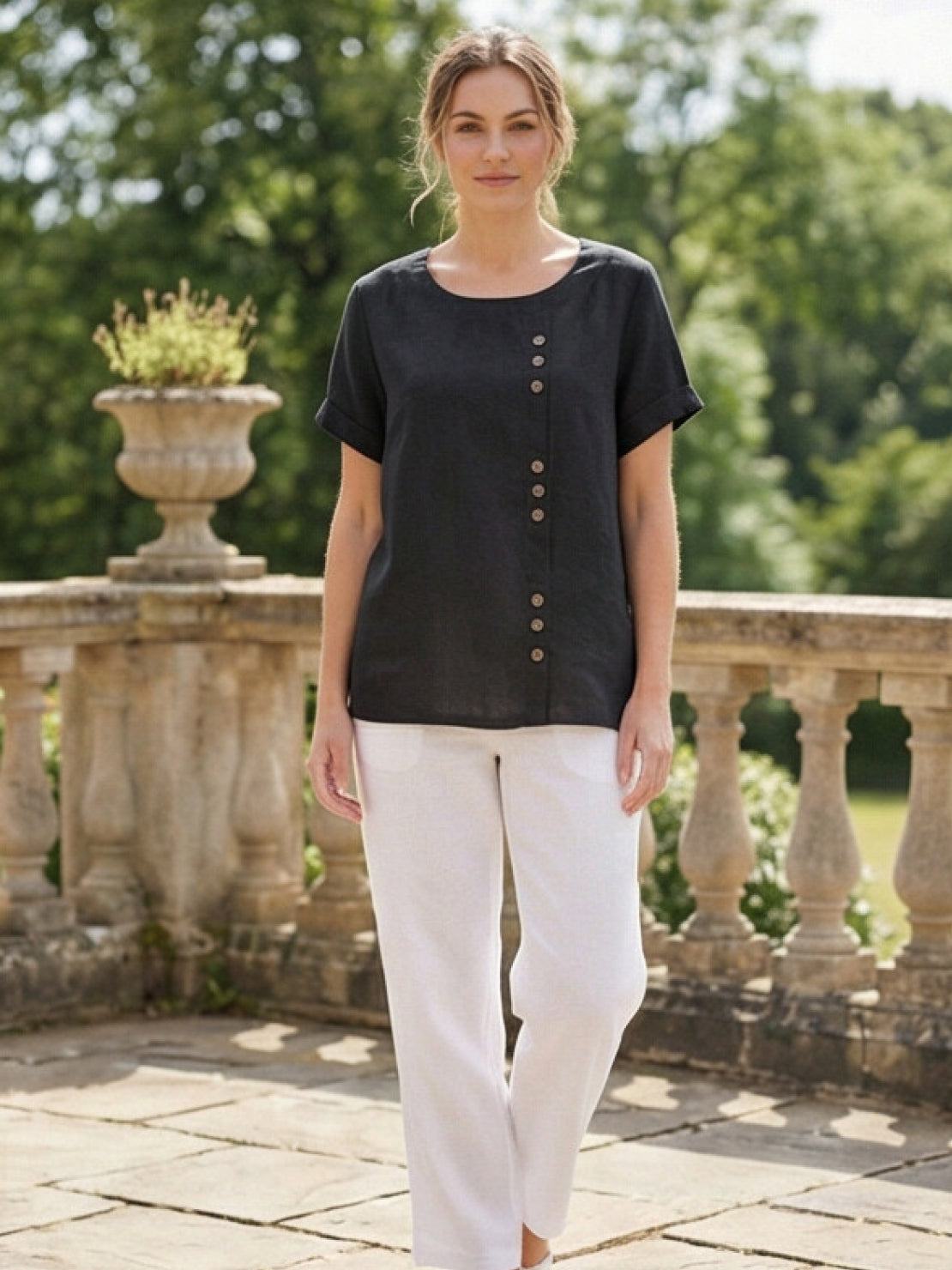 Women's Linen-Look Scoop-Neck Top with Rolled Sleeves