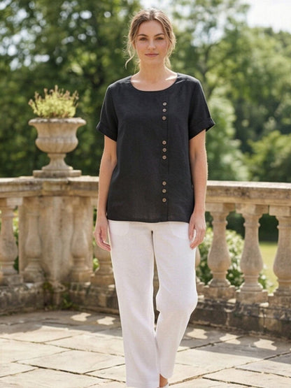 Women's Linen-Look Scoop-Neck Top with Rolled Sleeves
