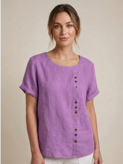 Women's Linen-Look Scoop-Neck Top with Rolled Sleeves