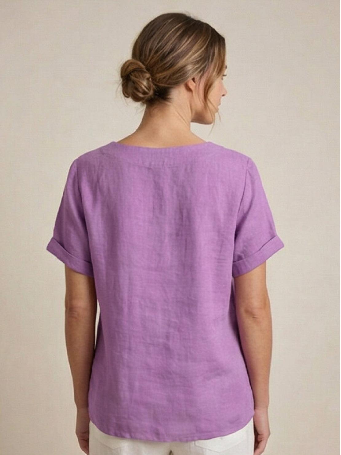 Women's Linen-Look Scoop-Neck Top with Rolled Sleeves