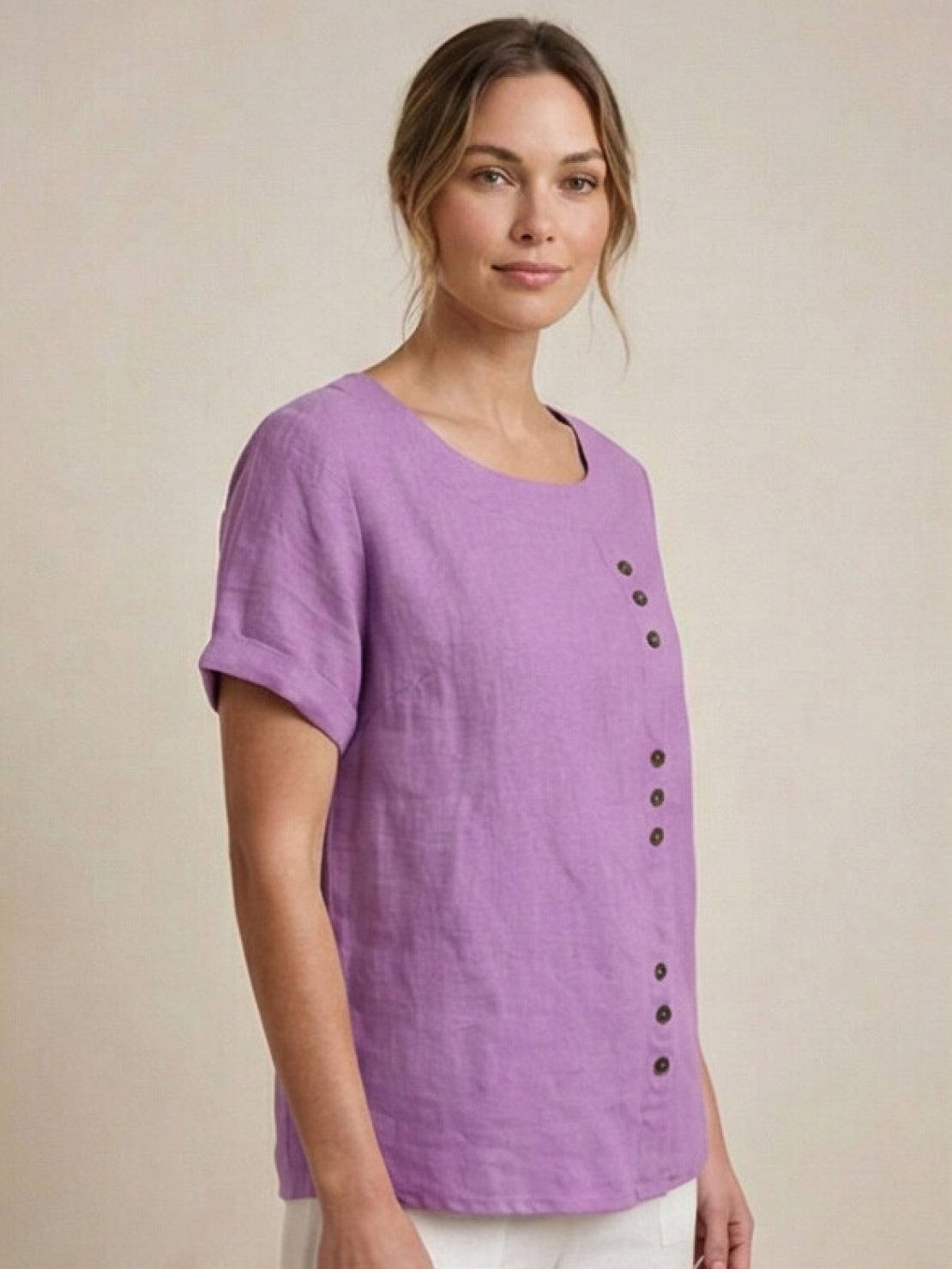 Women's Linen-Look Scoop-Neck Top with Rolled Sleeves