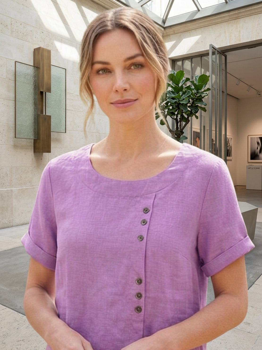 Women's Linen-Look Scoop-Neck Top with Rolled Sleeves