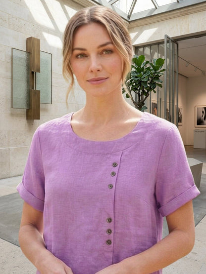Women's Linen-Look Scoop-Neck Top with Rolled Sleeves
