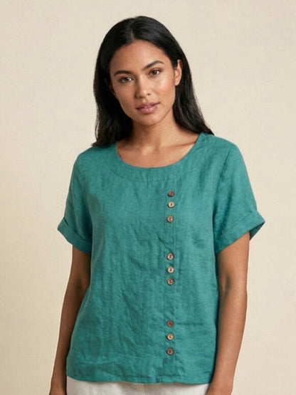 Women's Linen-Look Scoop-Neck Top with Rolled Sleeves
