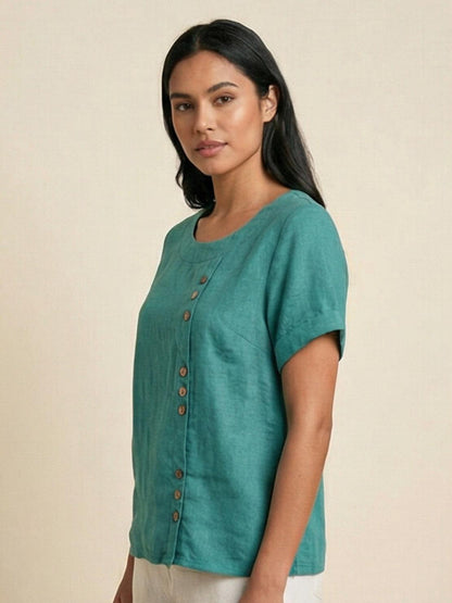 Women's Linen-Look Scoop-Neck Top with Rolled Sleeves