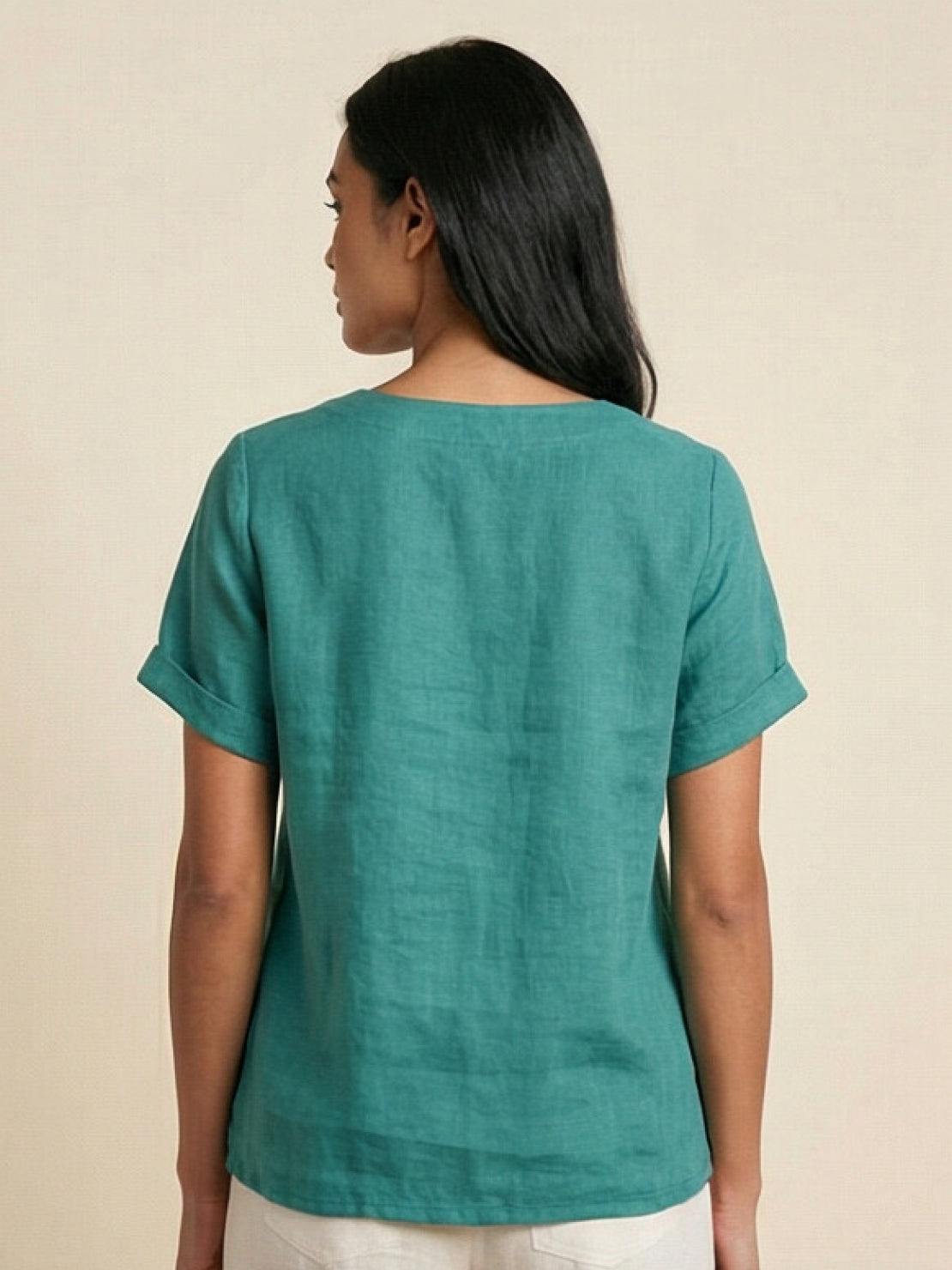 Women's Linen-Look Scoop-Neck Top with Rolled Sleeves