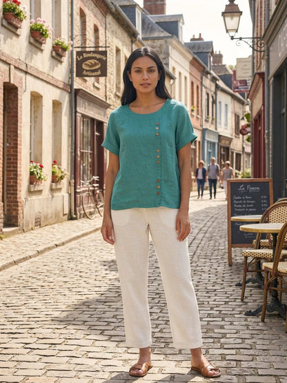 Women's Linen-Look Scoop-Neck Top with Rolled Sleeves