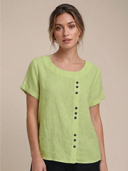 Women's Linen-Look Scoop-Neck Top with Rolled Sleeves