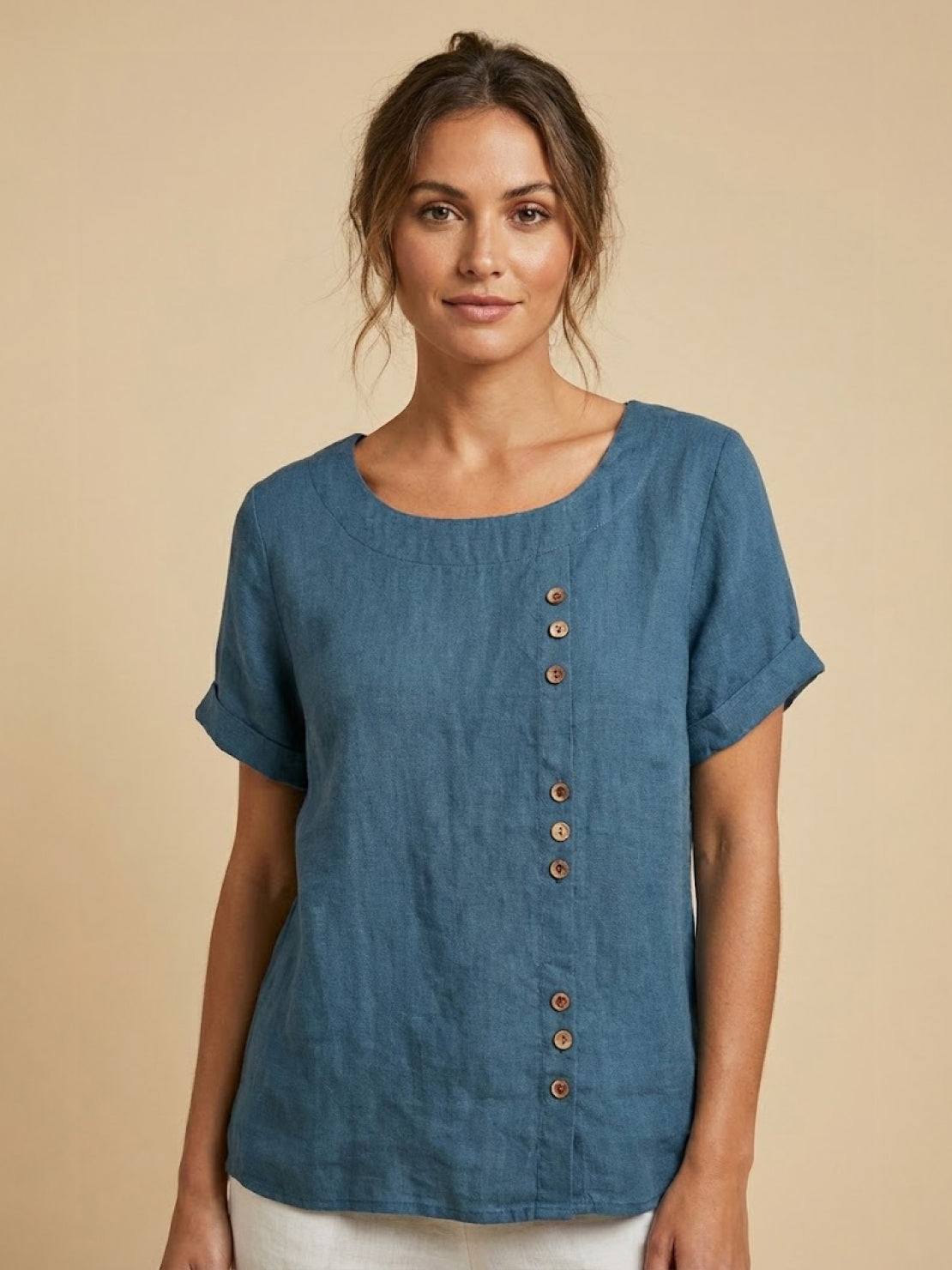 Women's Linen-Look Scoop-Neck Top with Rolled Sleeves