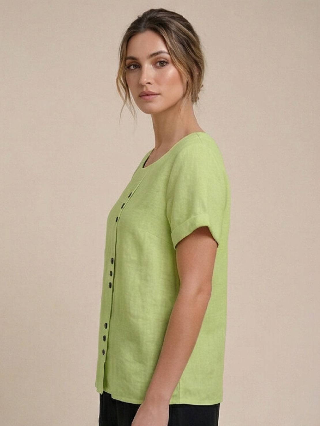 Women's Linen-Look Scoop-Neck Top with Rolled Sleeves