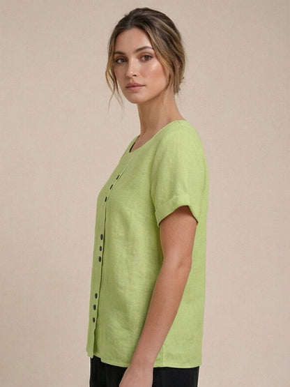 Women's Linen-Look Scoop-Neck Top with Rolled Sleeves