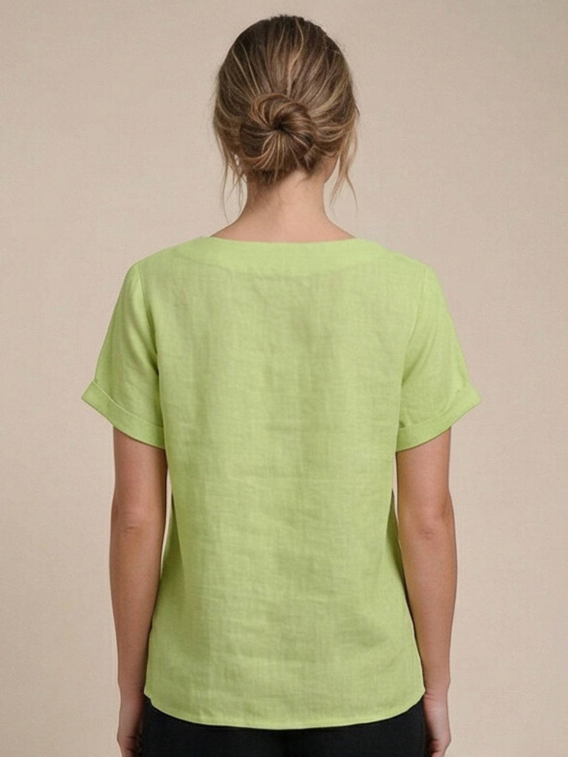 Women's Linen-Look Scoop-Neck Top with Rolled Sleeves