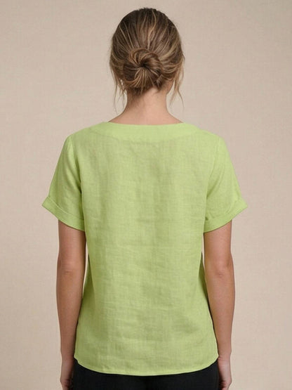 Women's Linen-Look Scoop-Neck Top with Rolled Sleeves