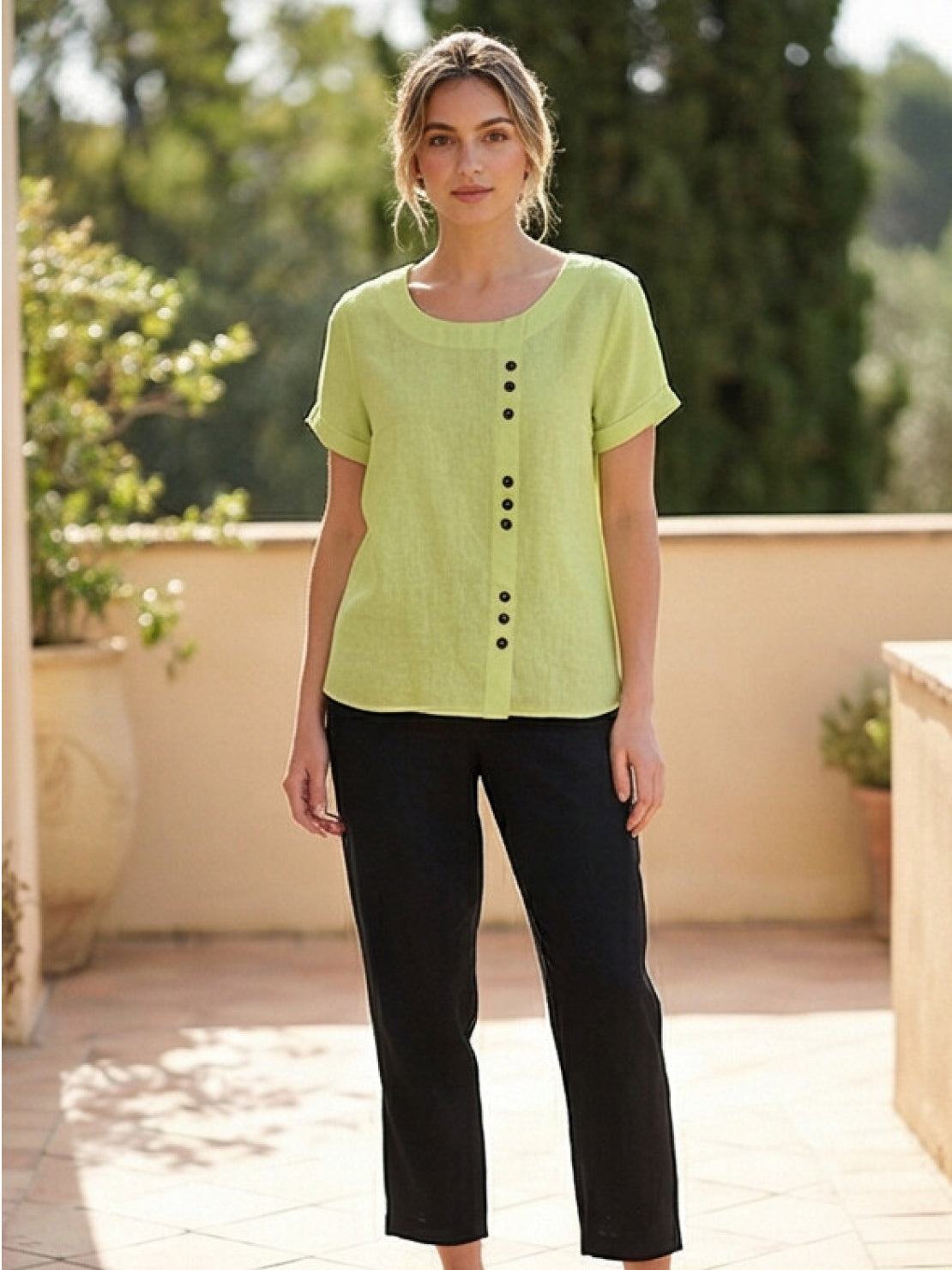 Women's Linen-Look Scoop-Neck Top with Rolled Sleeves
