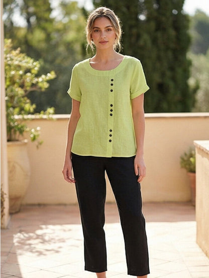 Women's Linen-Look Scoop-Neck Top with Rolled Sleeves