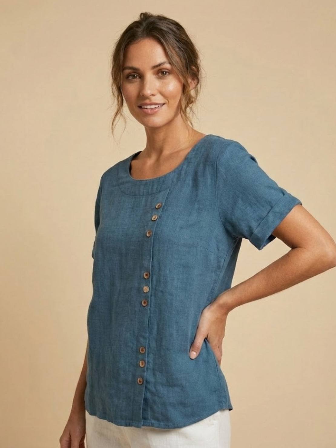 Women's Linen-Look Scoop-Neck Top with Rolled Sleeves