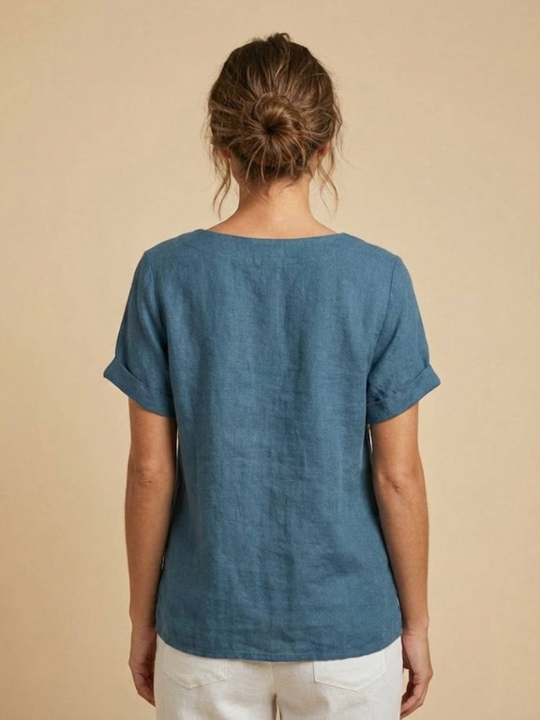Women's Linen-Look Scoop-Neck Top with Rolled Sleeves
