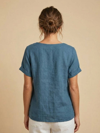 Women's Linen-Look Scoop-Neck Top with Rolled Sleeves