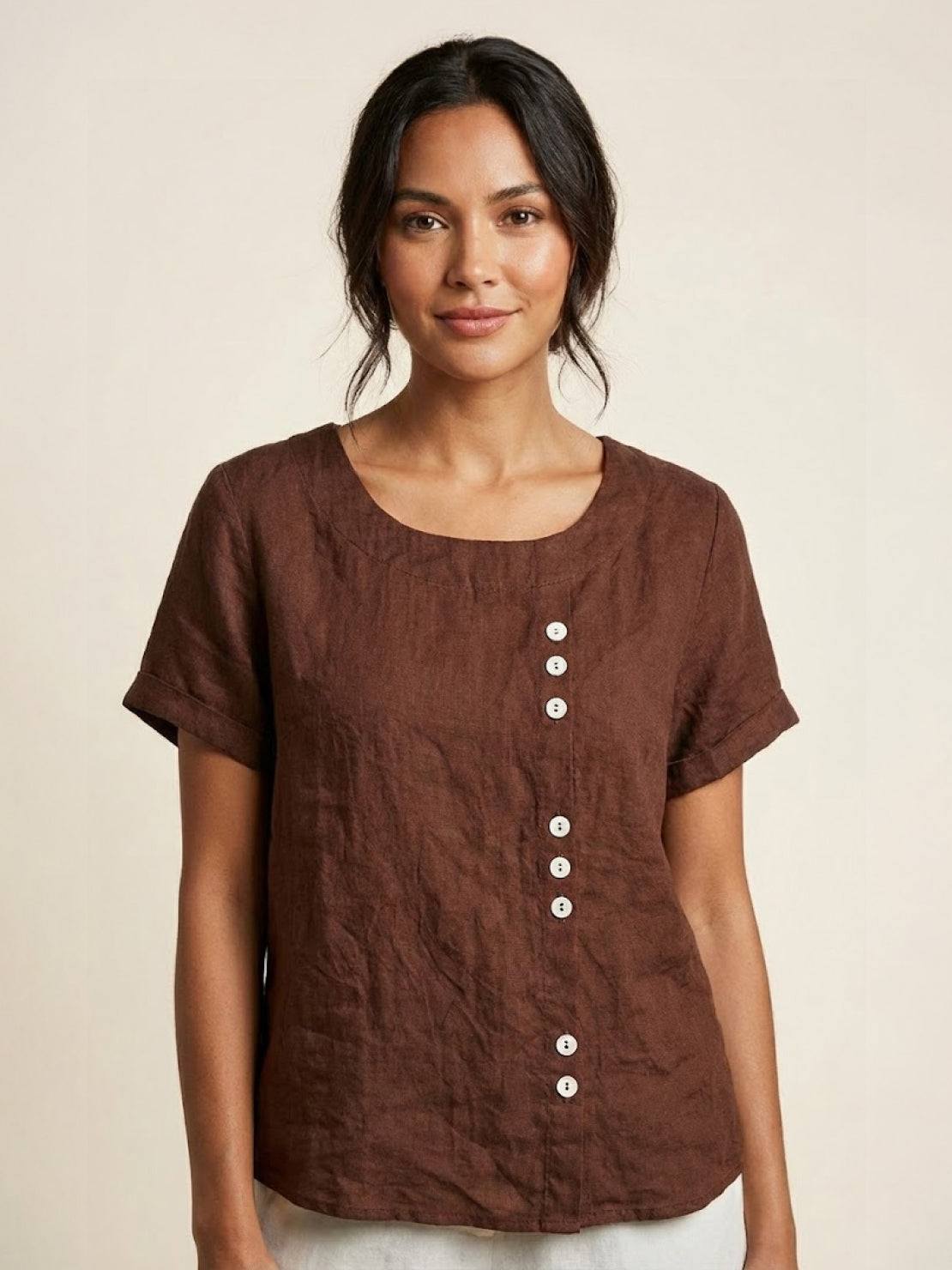Women's Linen-Look Scoop-Neck Top with Rolled Sleeves