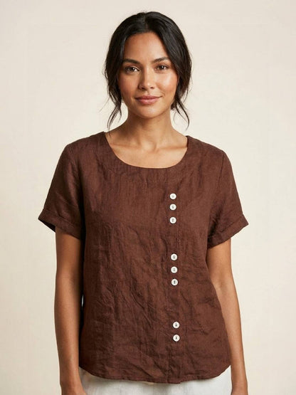Women's Linen-Look Scoop-Neck Top with Rolled Sleeves