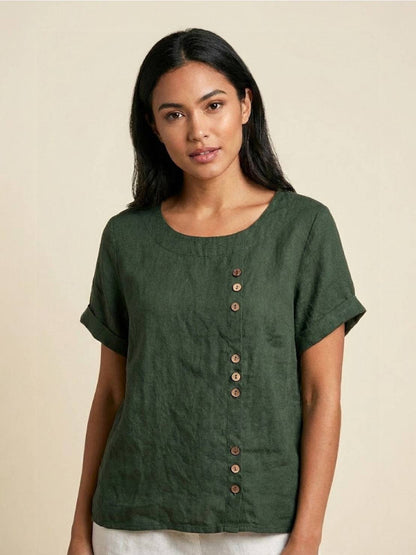 Women's Linen-Look Scoop-Neck Top with Rolled Sleeves