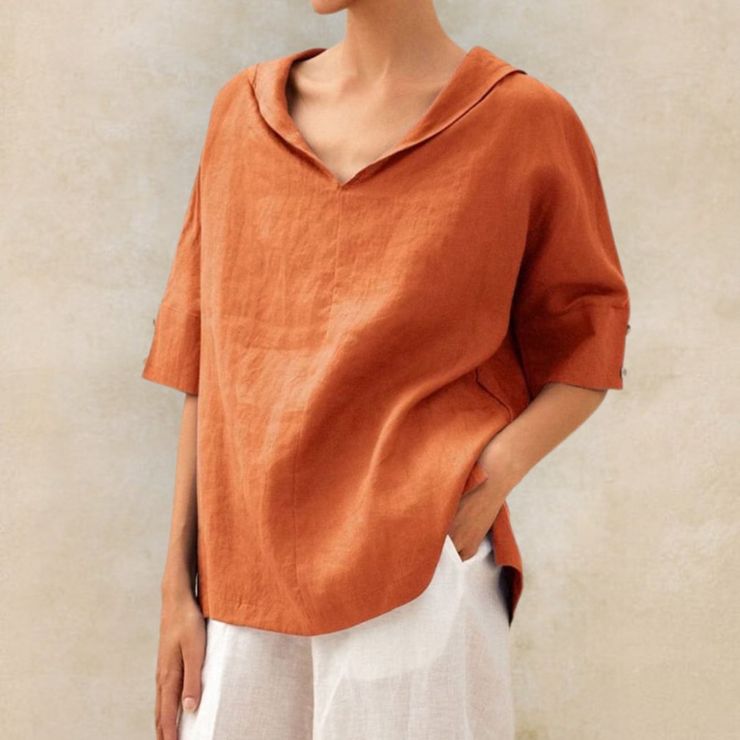 Women's Linen-Look Collared V-Neck Top