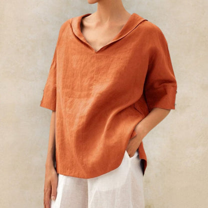 Women's Linen-Look Collared V-Neck Top