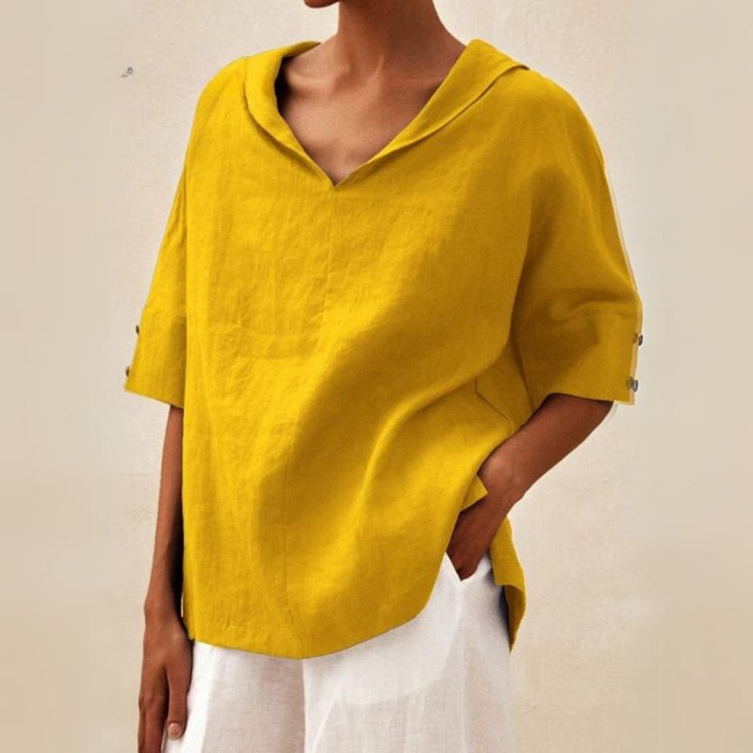 Women's Linen-Look Collared V-Neck Top