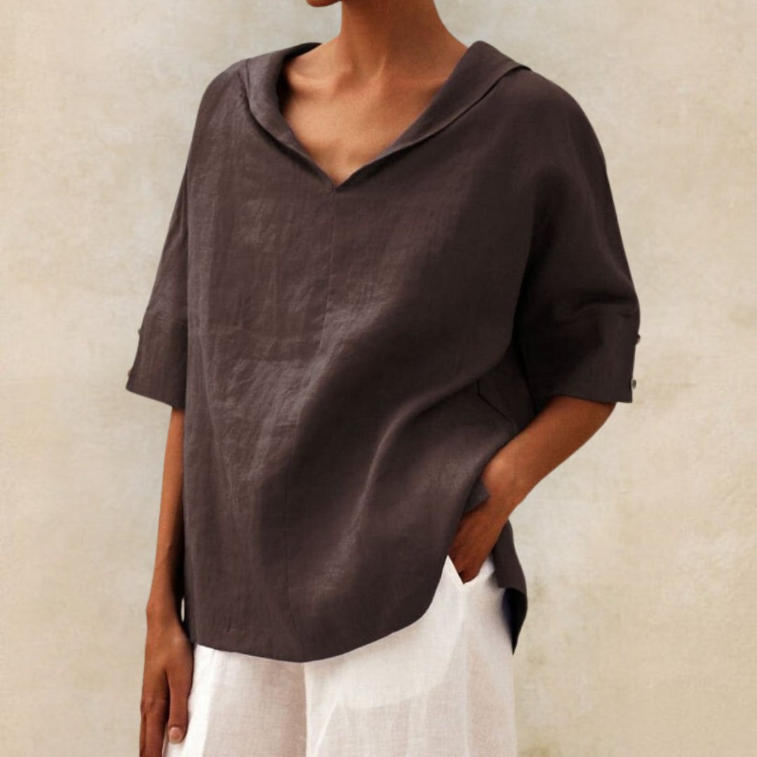 Women's Linen-Look Collared V-Neck Top