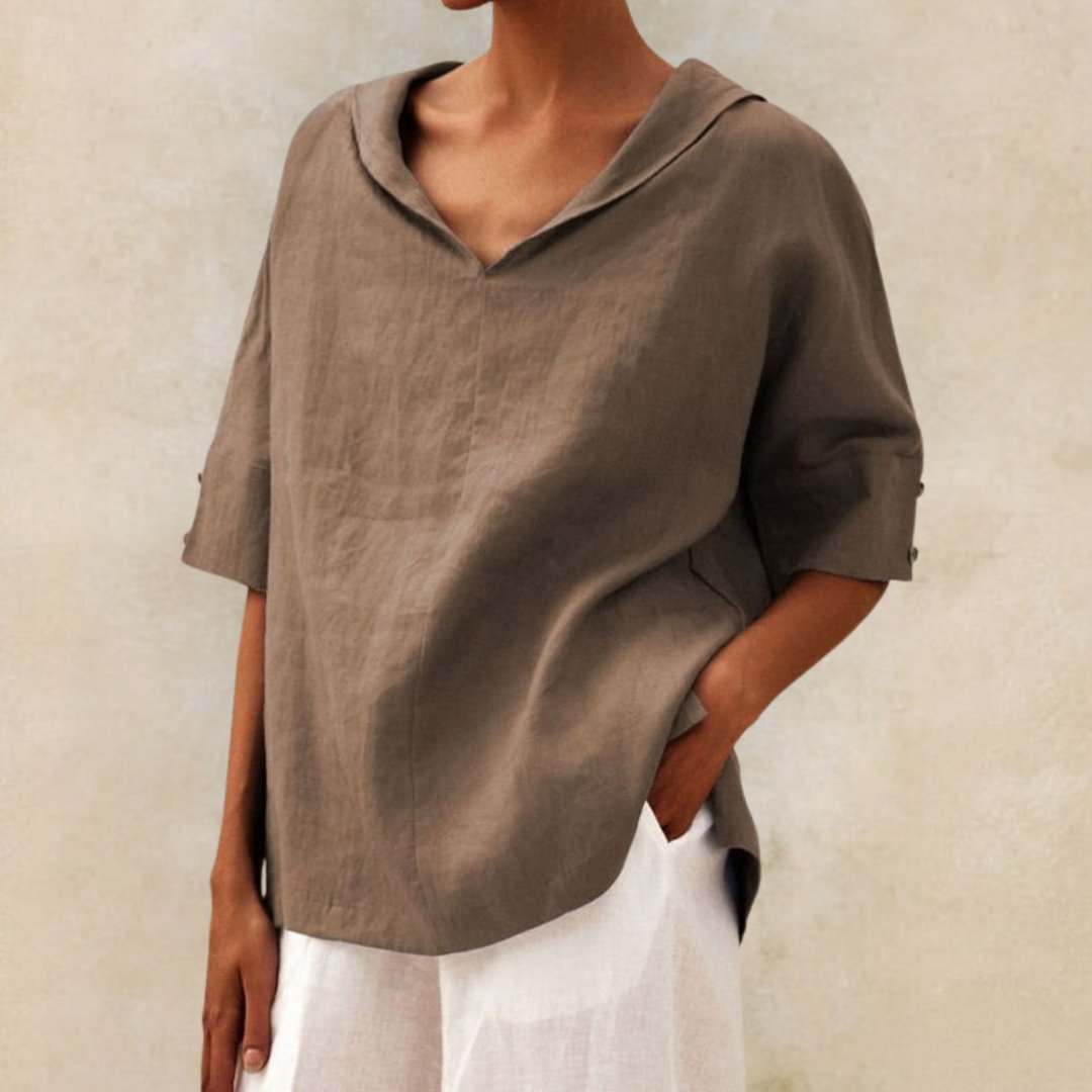 Women's Linen-Look Collared V-Neck Top