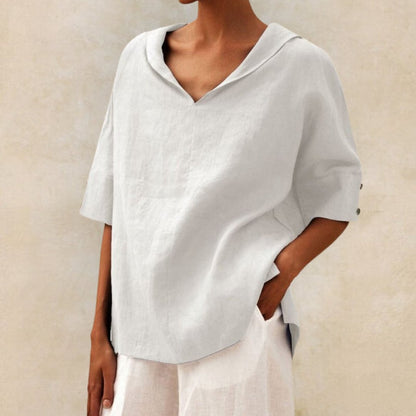 Women's Linen-Look Collared V-Neck Top