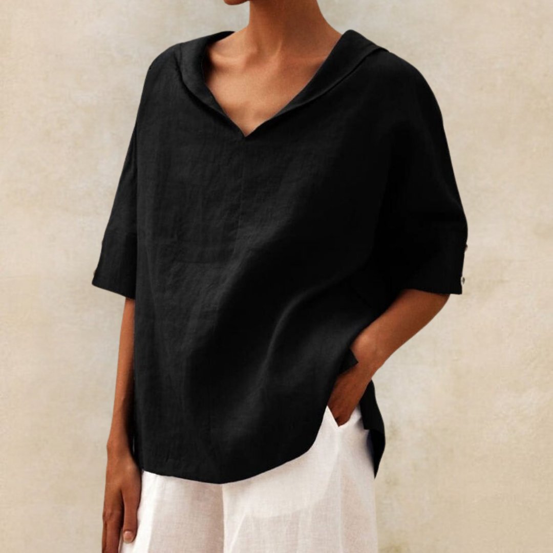 Women's Linen-Look Collared V-Neck Top
