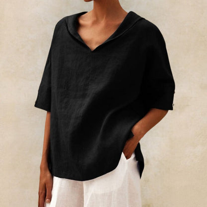Women's Linen-Look Collared V-Neck Top